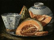 Cristoforo Munari A Still-Life with Melon, an octagonal blue and white cup on a Silver Charger Spain oil painting artist